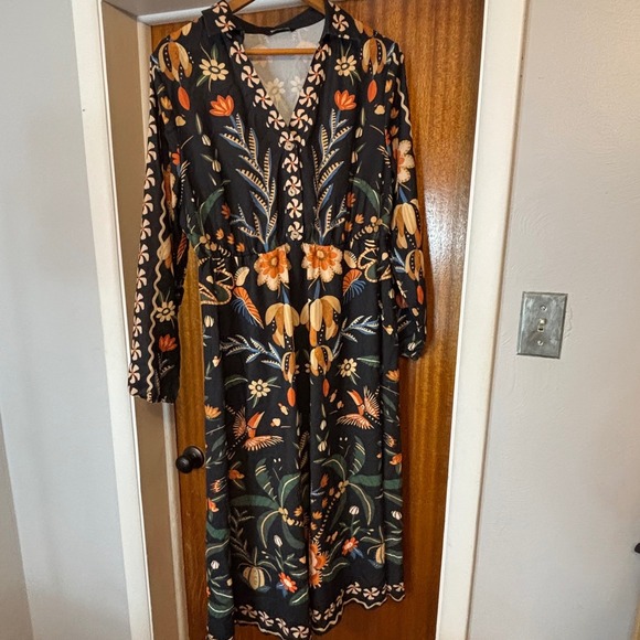 BloomChic Dresses & Skirts - BloomChic Navy Floral Bird Print Midi Dress Long Sleeve Pockets Womens Size 10